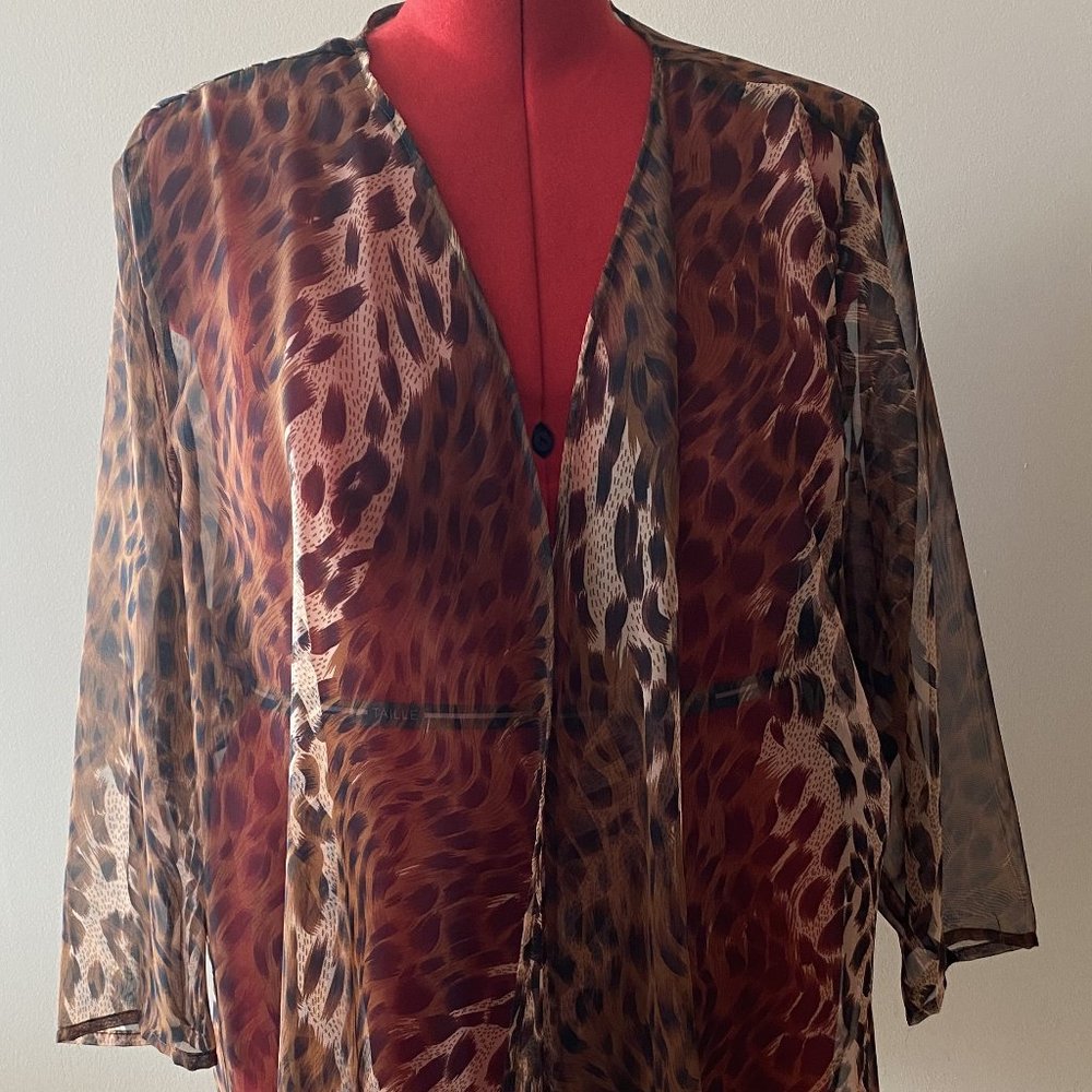Vikki Vi, Leopard Print Sheer Duster, Size 4x - B… - image 1